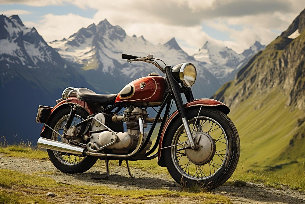 A Royal Enfield motorcycle parked on a scenic road with a mountainous backdrop, under a cloudy sky.